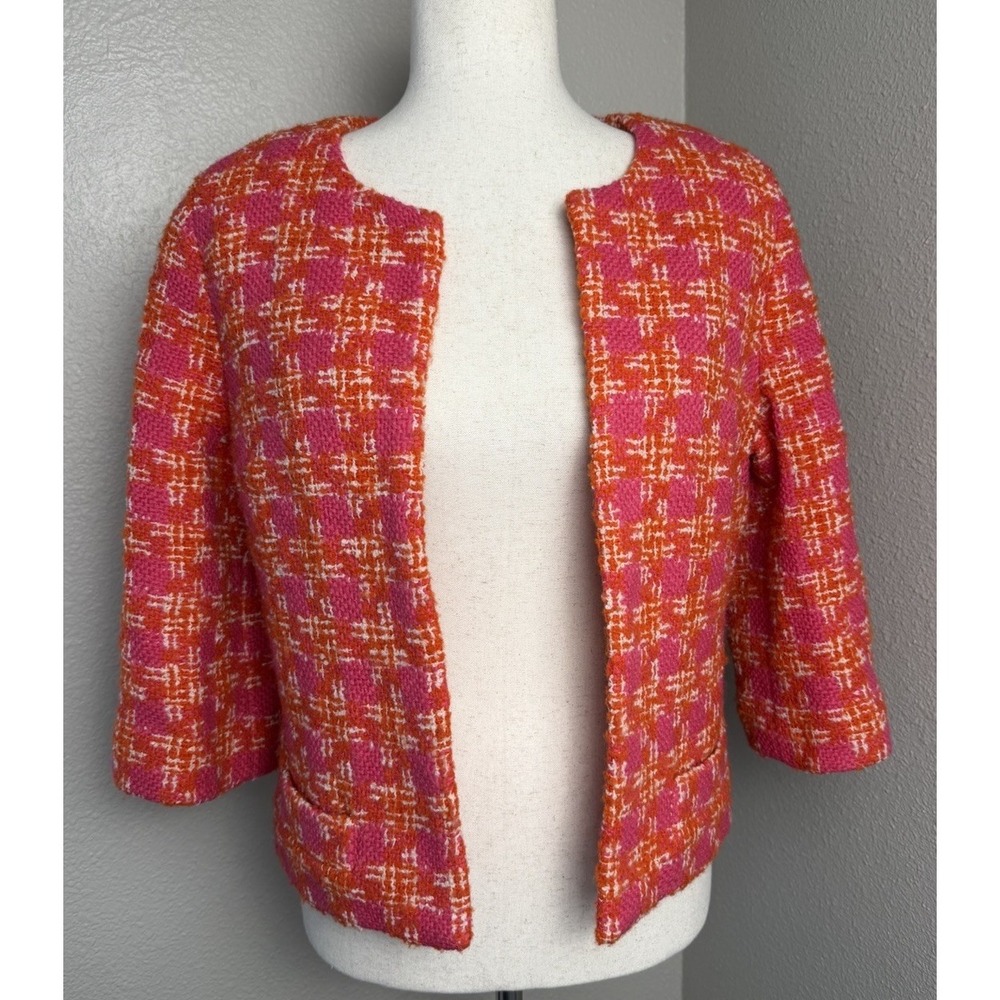 Boden Wool Tweed Jacket Pink Orange Chanel Style Parisian Statement Blazer US 2
